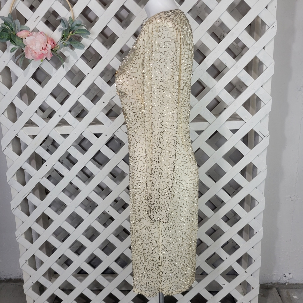 Stunning Vintage Black Tie Cream, Silver and Gold Sequin Open Back Dress Size 8 - Picture 7 of 16